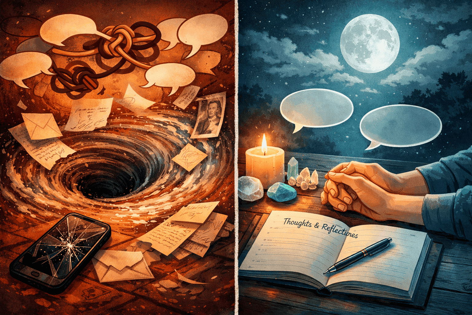 () split-scene illustration showing left side — chaotic emotional communication with speech bubbles tangled in knots, old