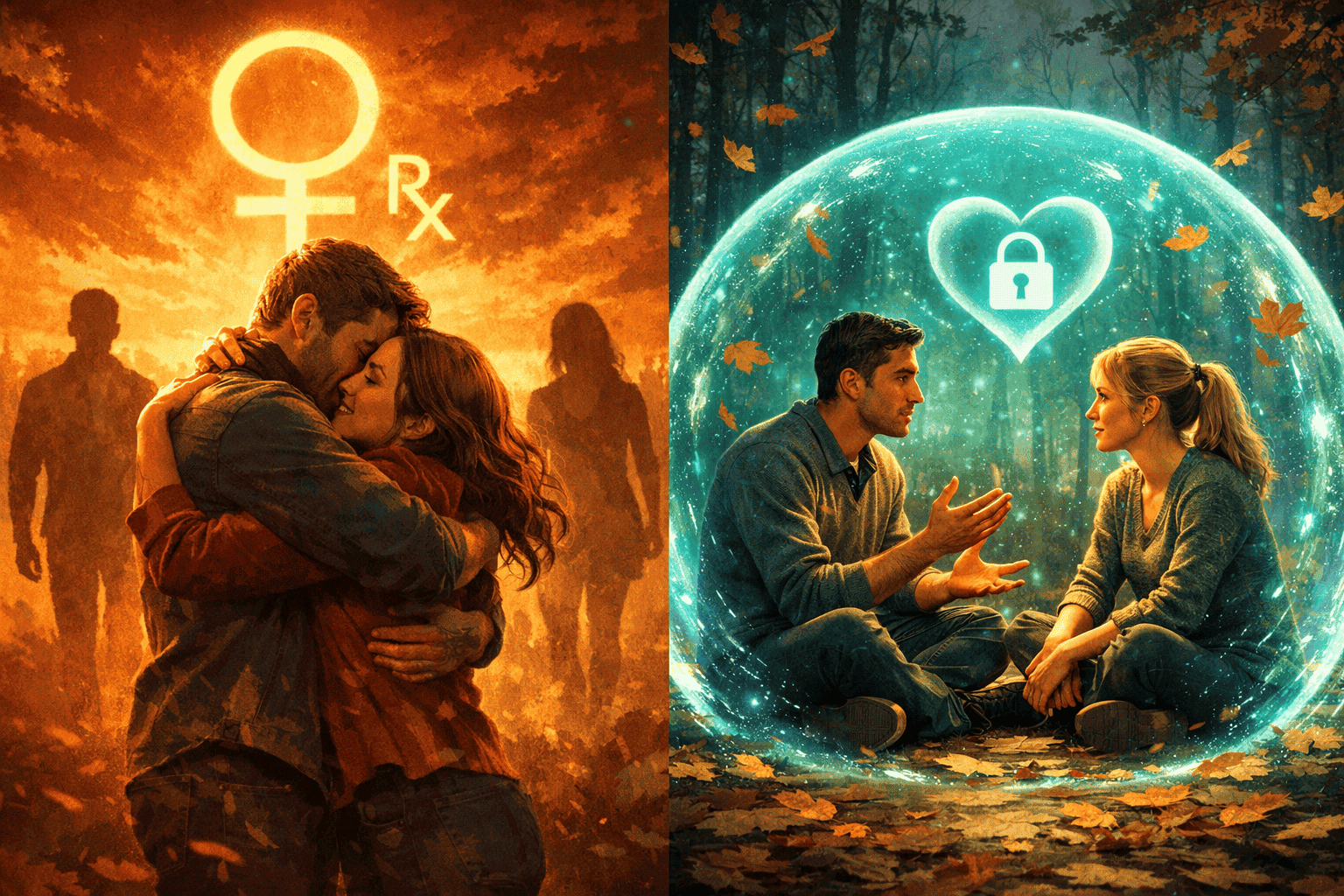 () split-scene illustration showing two contrasting relationship scenarios side by side: left side depicts a couple