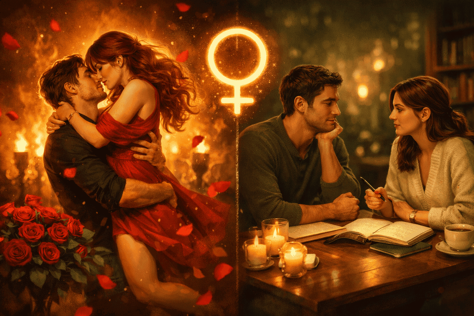 () split-scene illustration showing two contrasting romantic scenarios side by side: left side depicts a passionate Leo