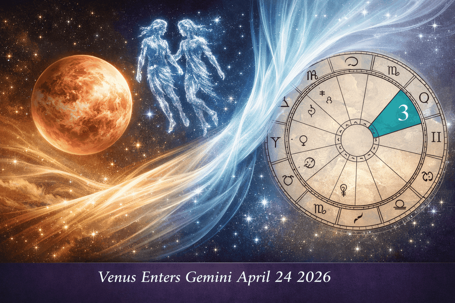 () split-scene image: left side shows Venus as a shimmering rose-gold planet approaching the Gemini twins constellation