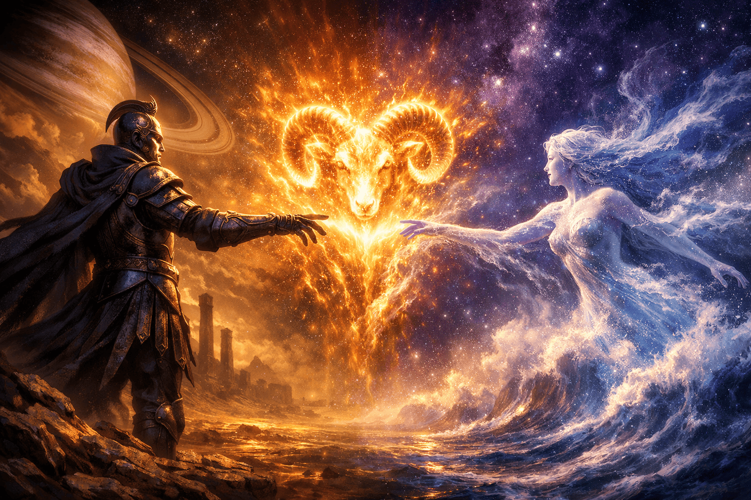 () split-scene image: left side shows a disciplined figure (representing Saturn) in structured armor standing on solid