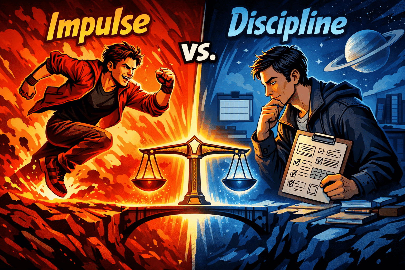 () split-scene image: left side shows a person impulsively leaping forward (Aries energy, fiery red tones), right side shows