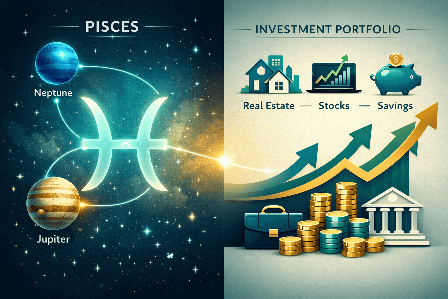 () split-scene infographic showing left side a Pisces symbol with Neptune and Jupiter icons connected by glowing lines to