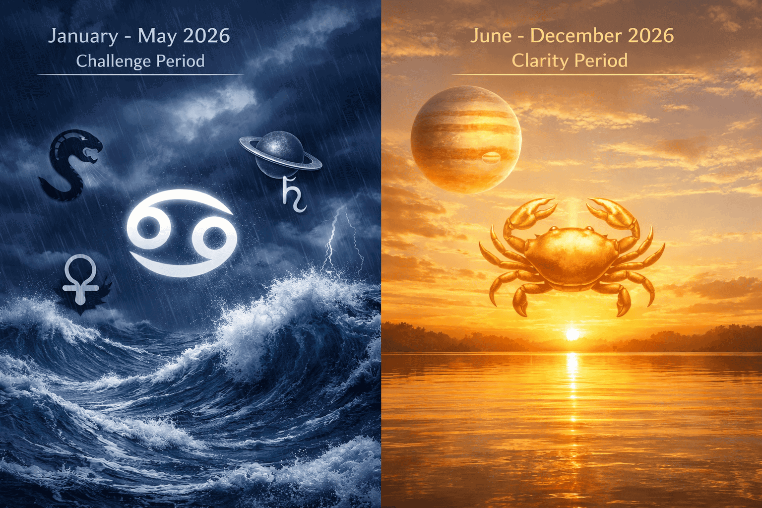 () split-scene infographic style image: left half shows stormy emotional waves in dark blue (January-May 2026 challenge