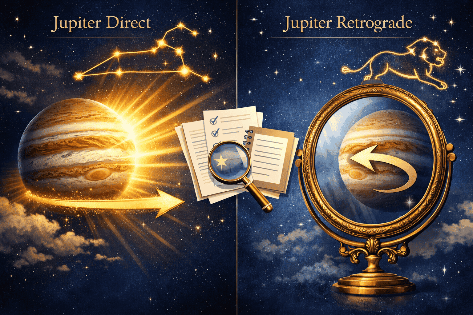 () split-scene infographic style image: left side shows Jupiter moving forward with bright golden light rays through Leo