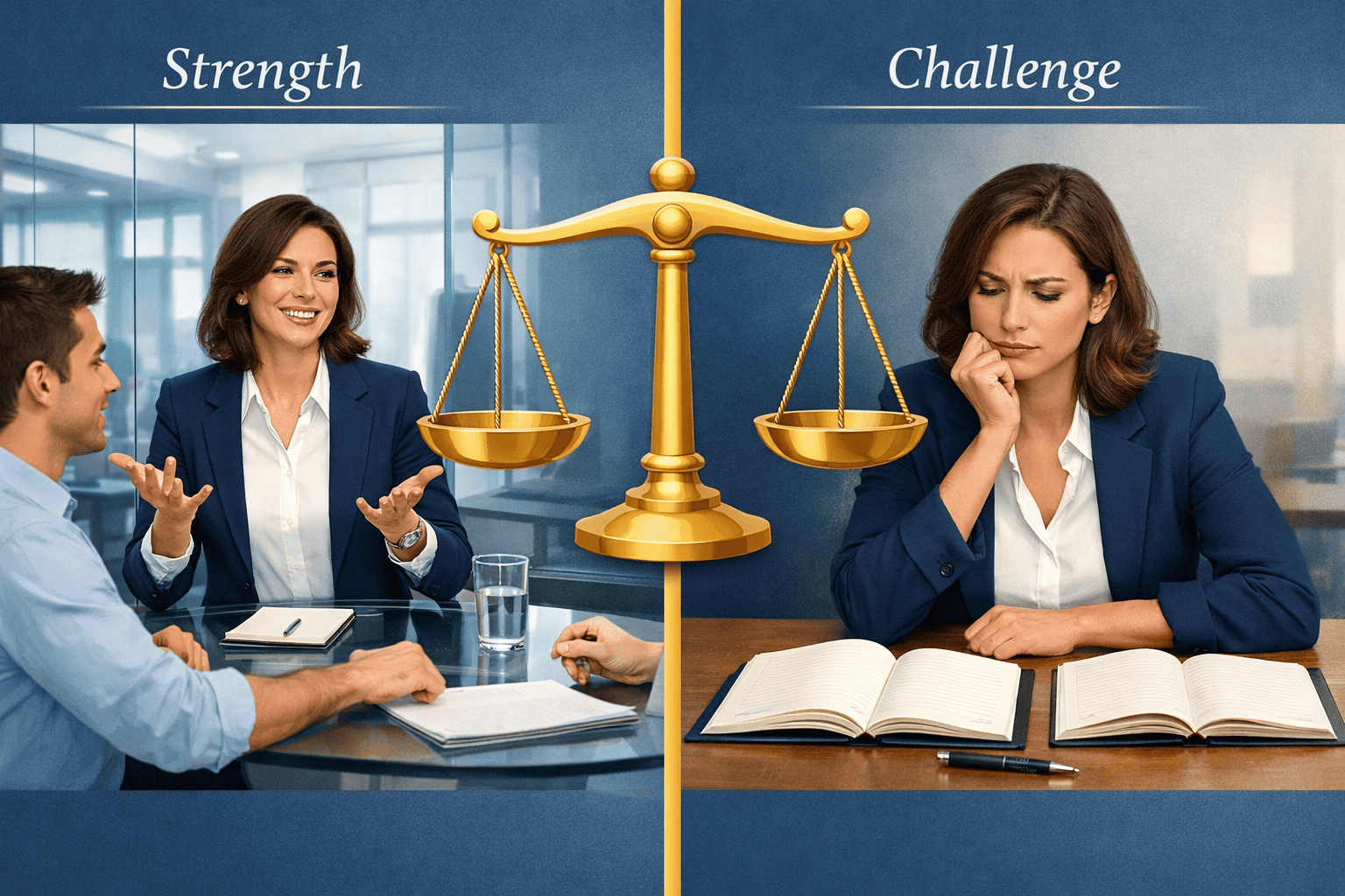 () split-scene infographic-style image: on the left, a Libra person confidently mediating a workplace discussion at a modern