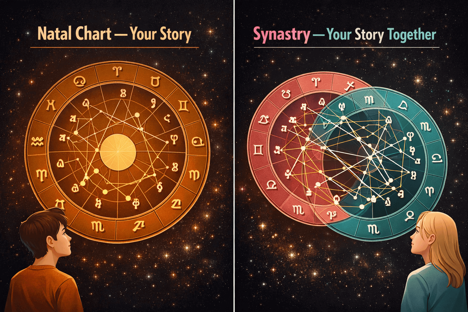 () split-screen comparison visual: left side shows a solo natal chart wheel in warm amber tones labeled 'Natal Chart — Your