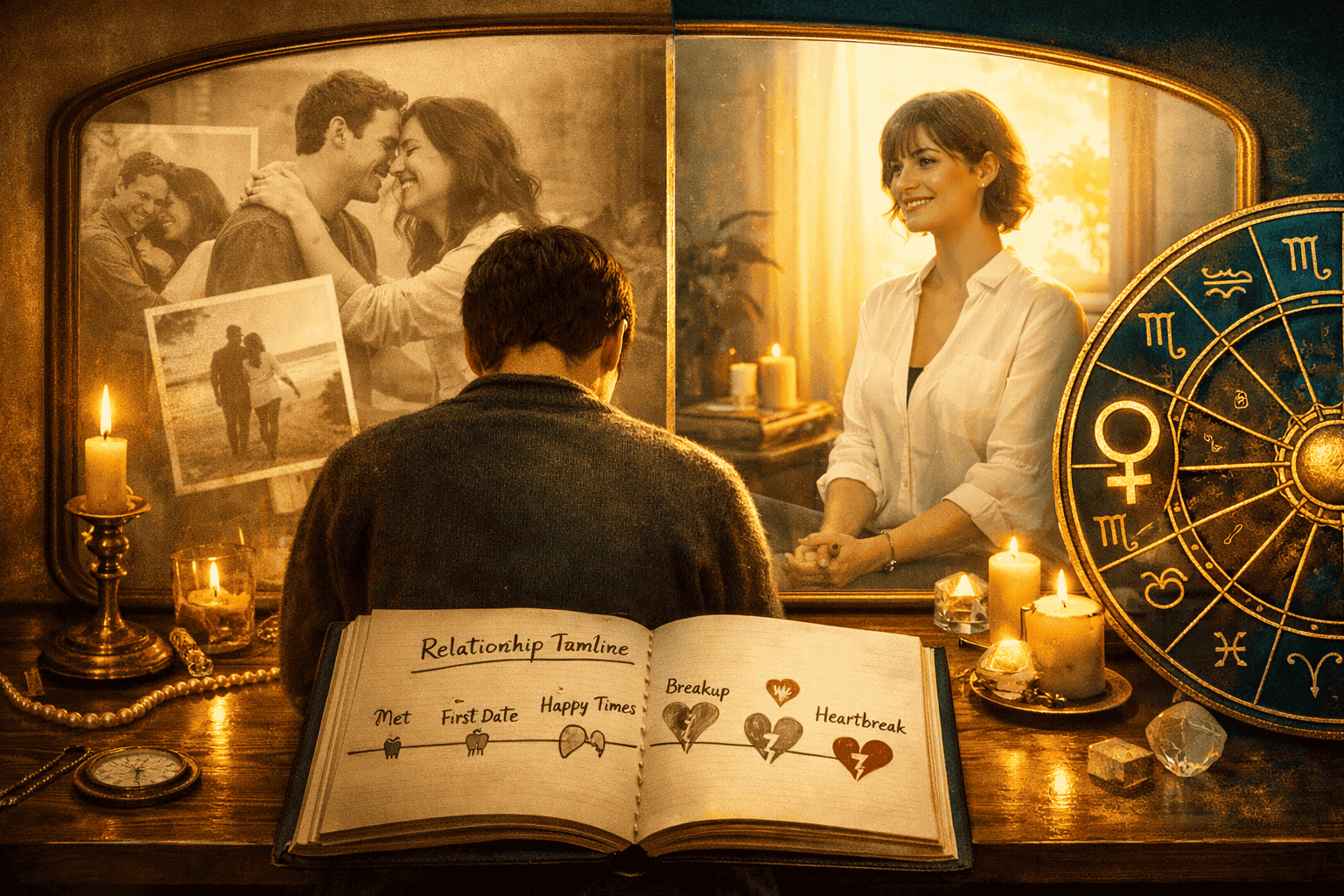 () split-screen editorial image showing a person sitting in quiet introspection at a mirror reflecting their past self,