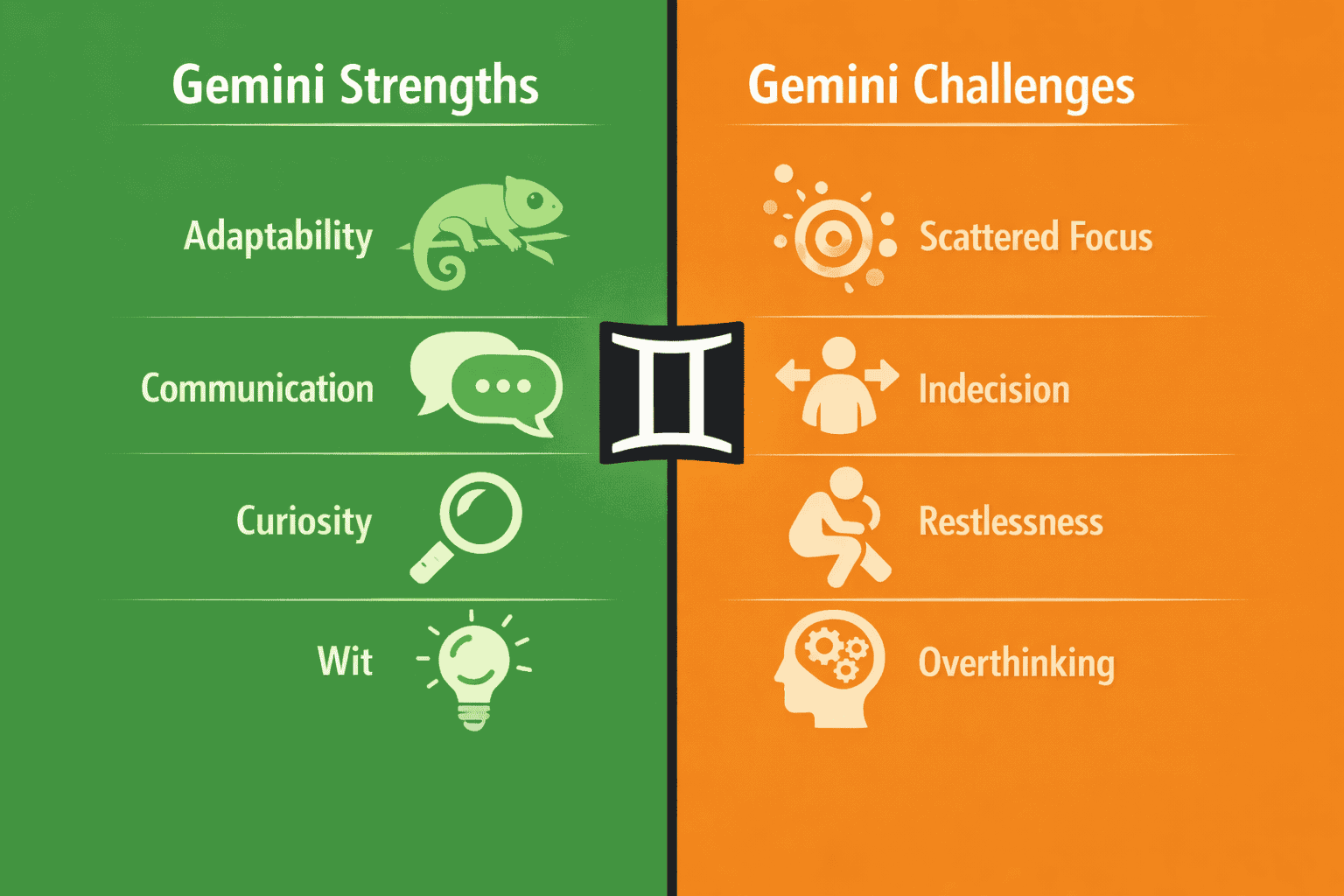 () split-screen infographic showing 'Gemini Strengths vs Challenges' — left panel in bright green showing icons for