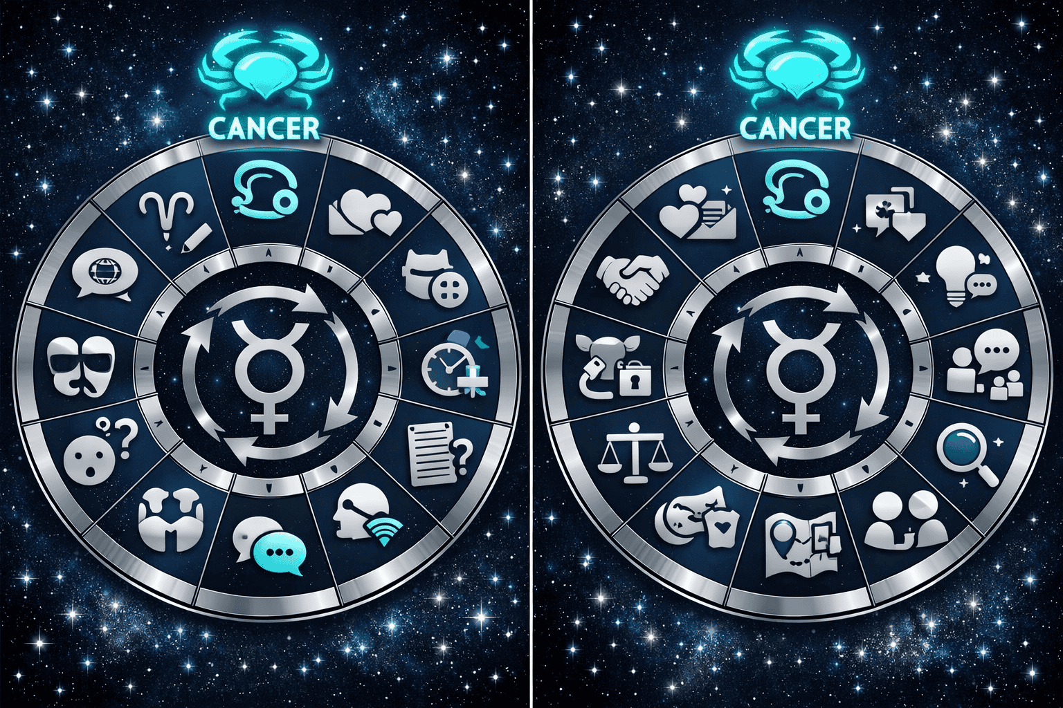 () split-screen zodiac wheel illustration showing all twelve zodiac signs with Cancer highlighted at the top in glowing