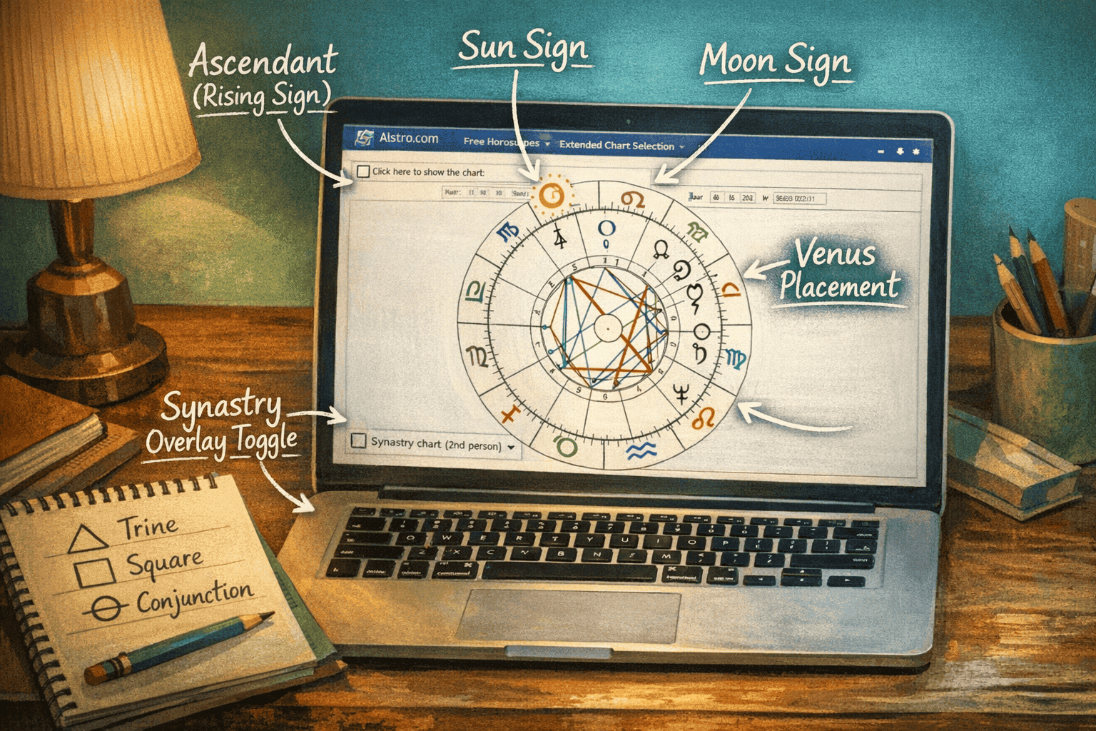 () step-by-step beginner tutorial visual showing a laptop screen open to astro.com birth chart generator interface with