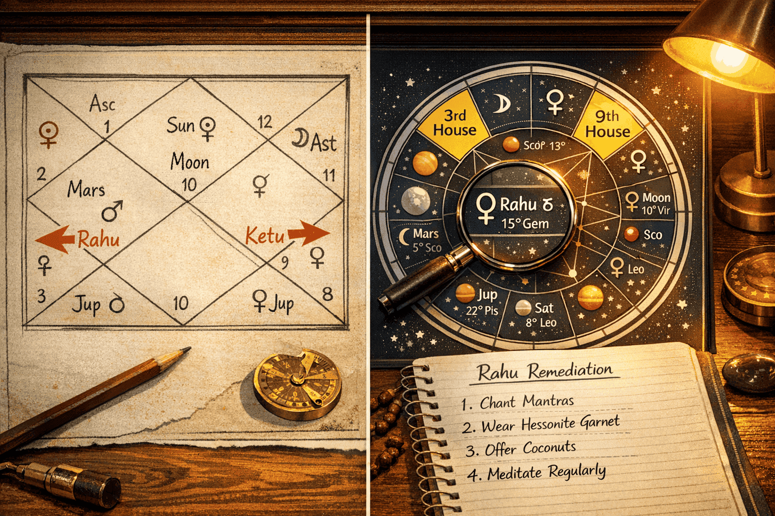 () step-by-step chart analysis visual showing a split-screen: left side displays a hand-drawn natal chart with Rahu-Ketu