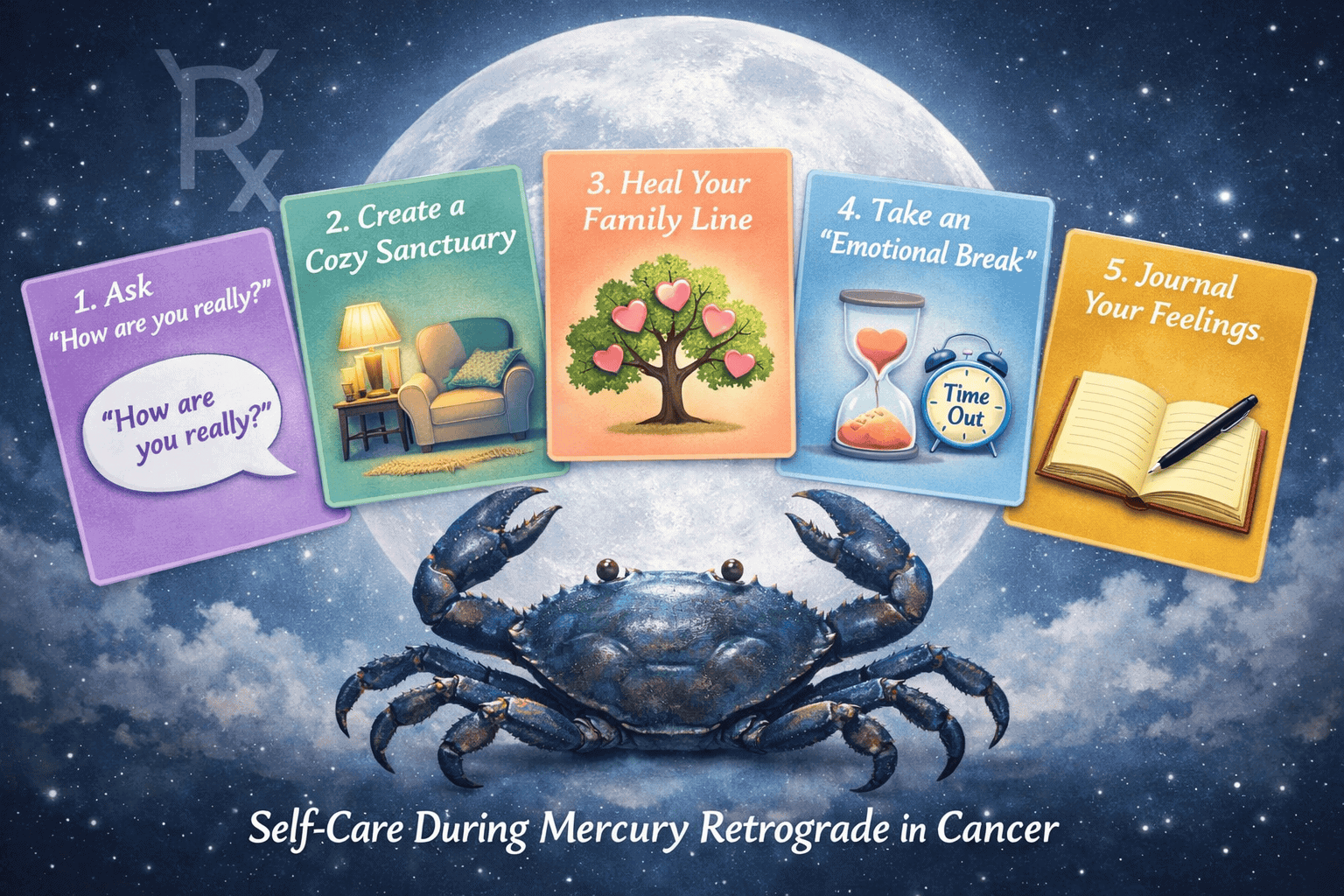 () step-by-step remedy guide visual showing five floating action cards arranged in arc over moonlit Cancer crab backdrop: