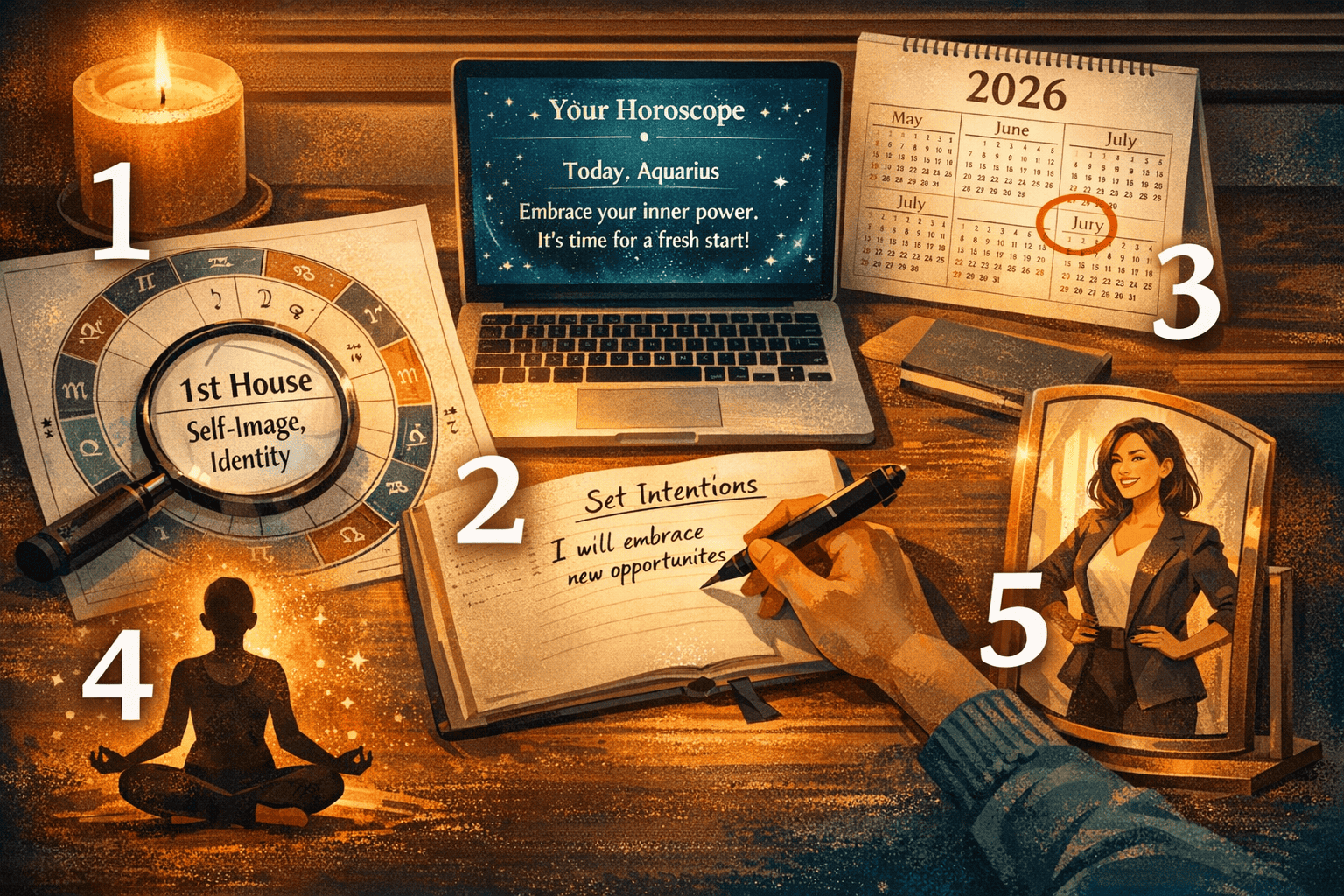 () step-by-step visual guide showing a person at a desk with an open birth chart printout, a journal, and a glowing laptop