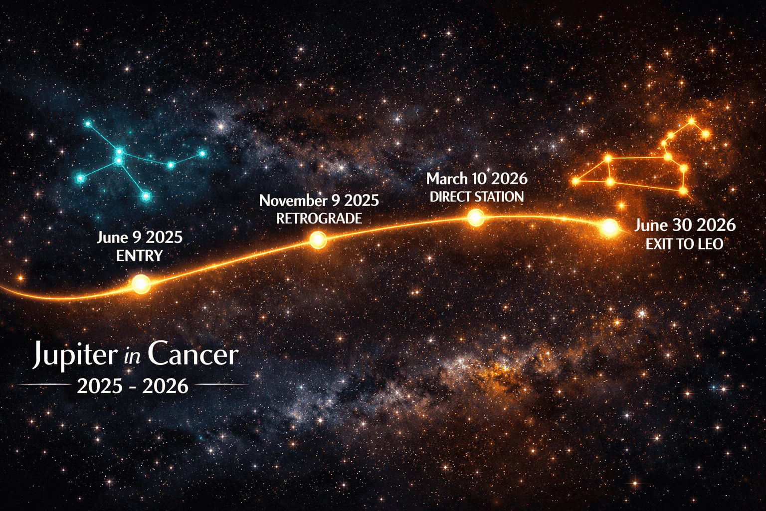() timeline graphic showing Jupiter's 2025-2026 Cancer transit arc as a glowing gold orbital path curving across a deep