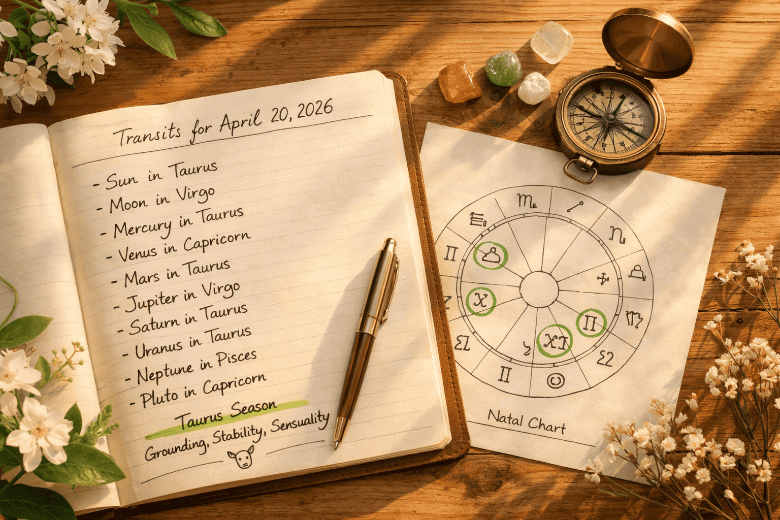 () top-down aerial view of an open astrology journal on a wooden desk showing handwritten planetary transit notes for April