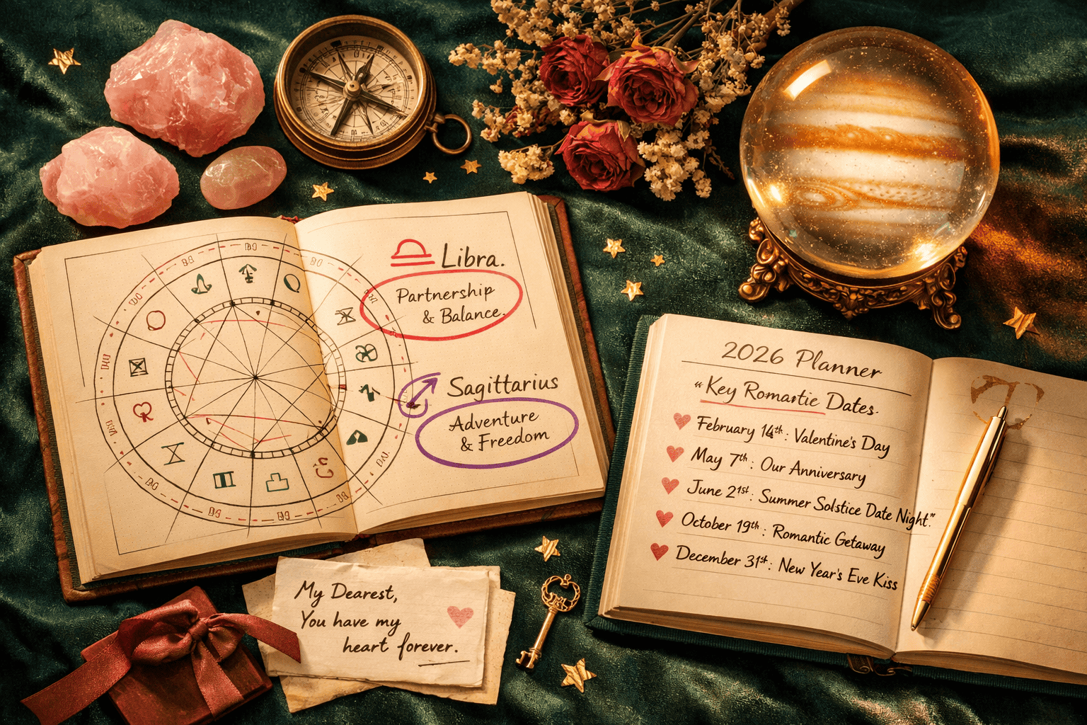 () top-down flat-lay composition on a dark velvet surface featuring astrology tools: an open birth chart with Libra and
