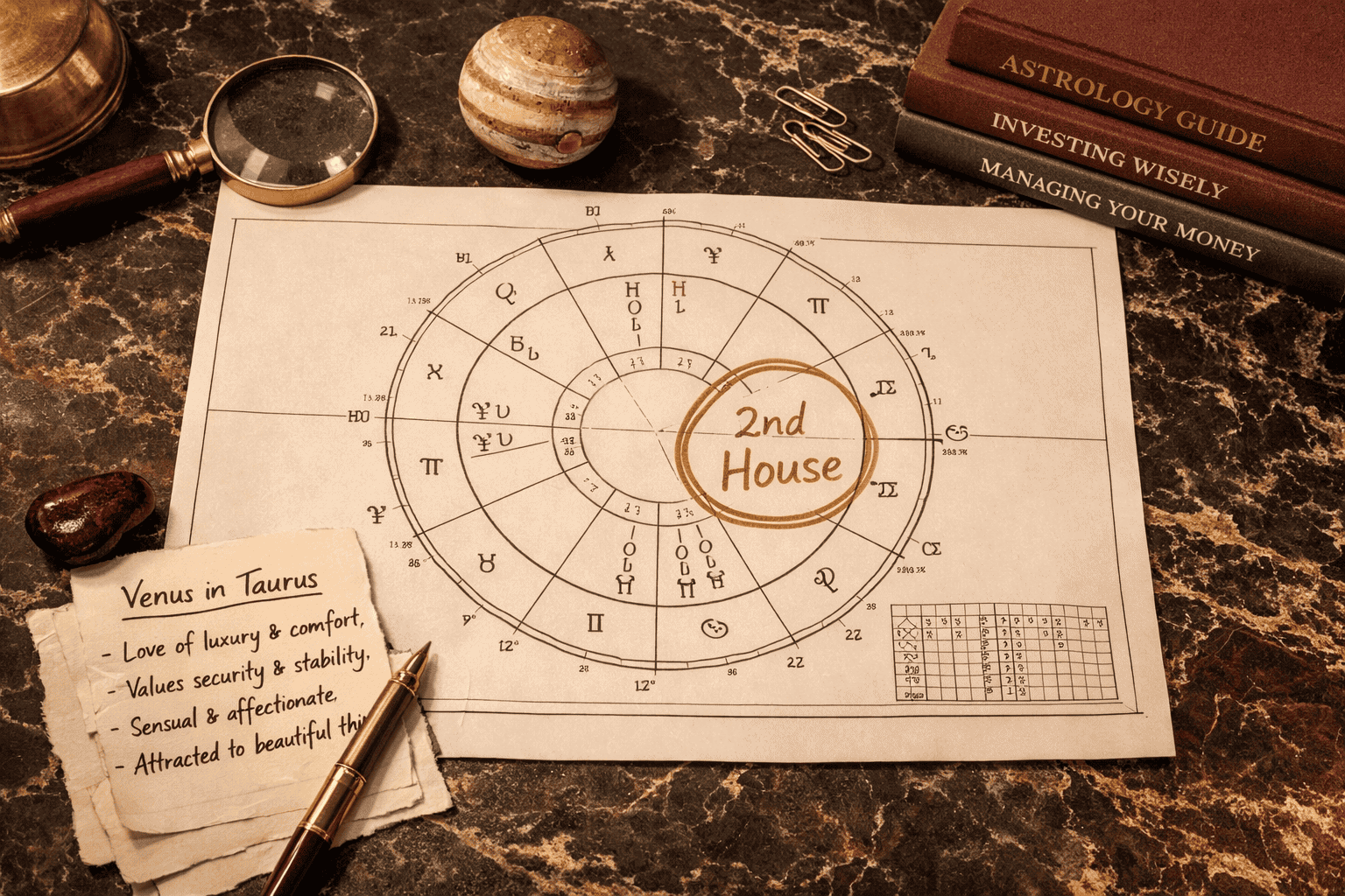 () top-down flat-lay composition showing a large open natal chart printout on a dark marble surface, second house clearly