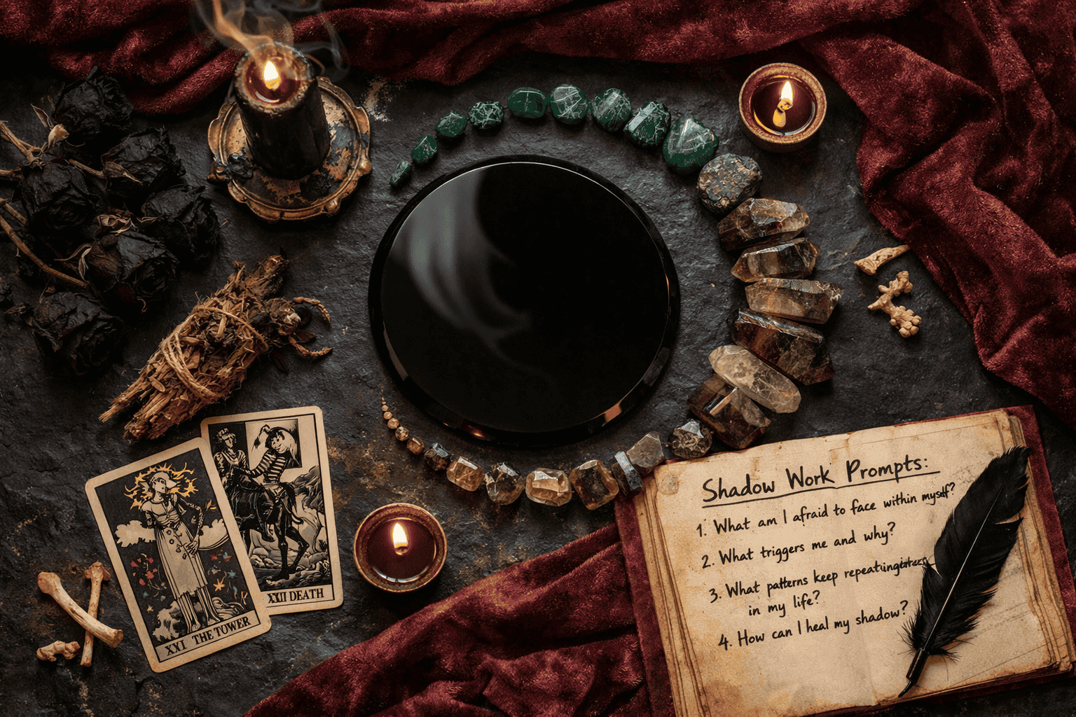 () top-down flat-lay photograph of a work ritual altar setup on dark slate surface: black obsidian mirror at center,