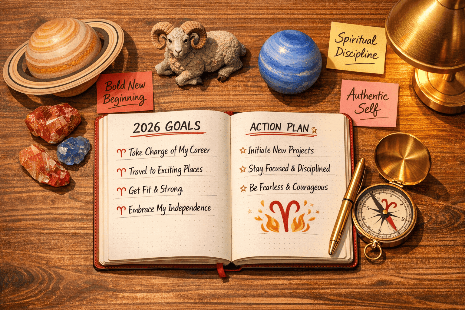 () top-down flat-lay style illustration of an Aries person's journal and action plan spread on a wooden desk: open journal