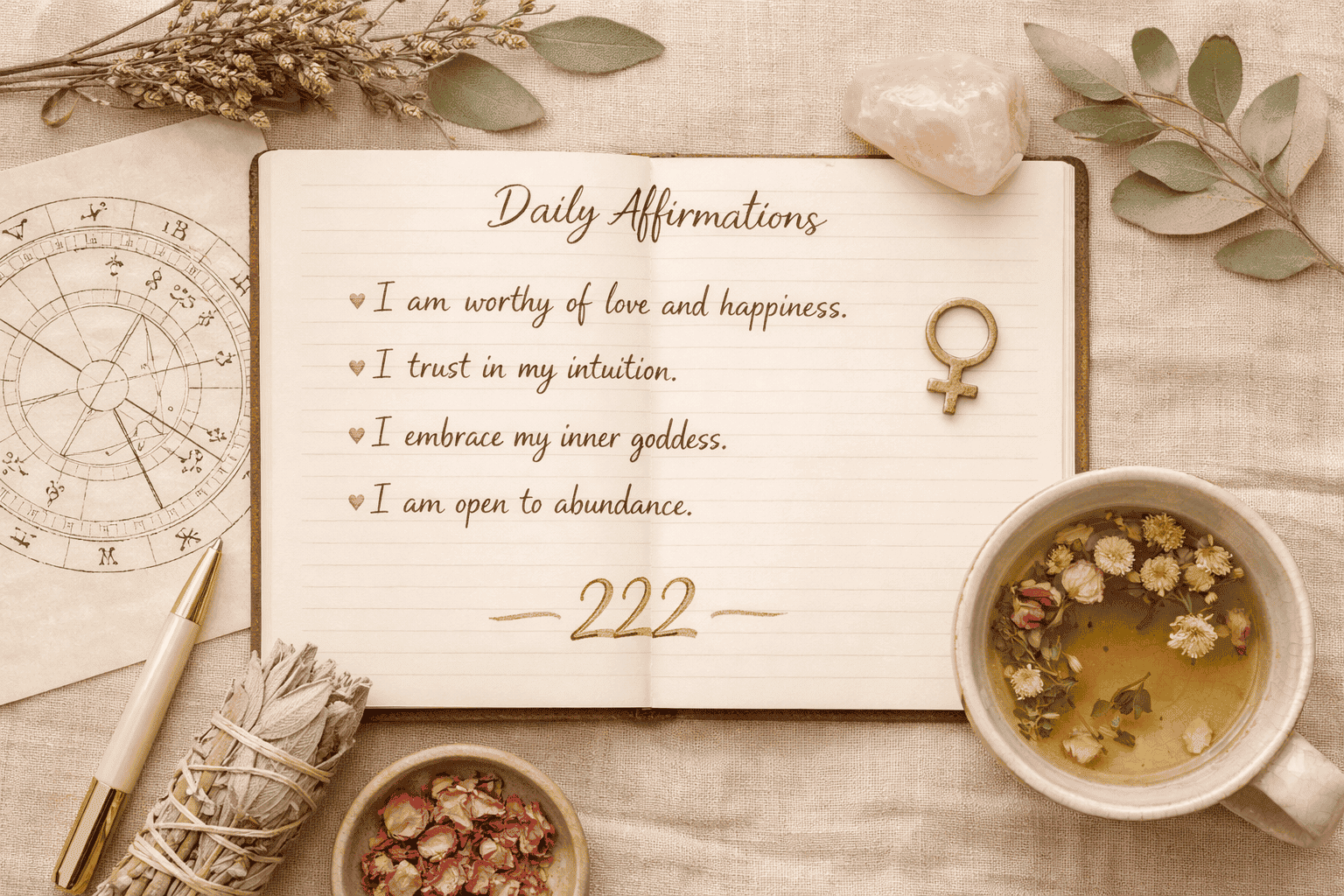 () top-down flat-lay style image of a journal open to a page with handwritten affirmations, a rose quartz crystal, dried
