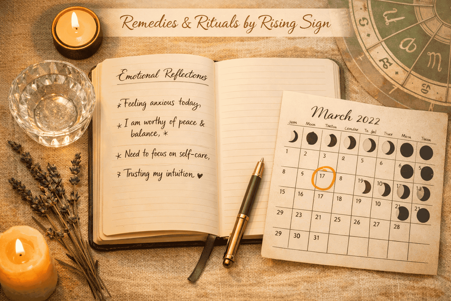 () top-down flat-lay style image showing a journal open to handwritten emotional notes, a small crystal bowl with water, a