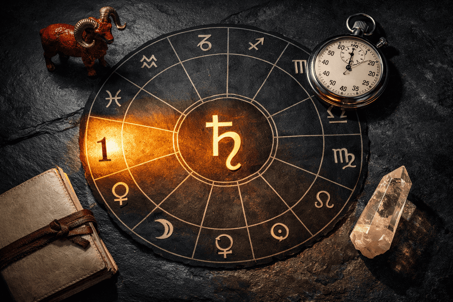 () top-down view of a circular astrology chart spread on a dark slate surface, with the first house section highlighted in