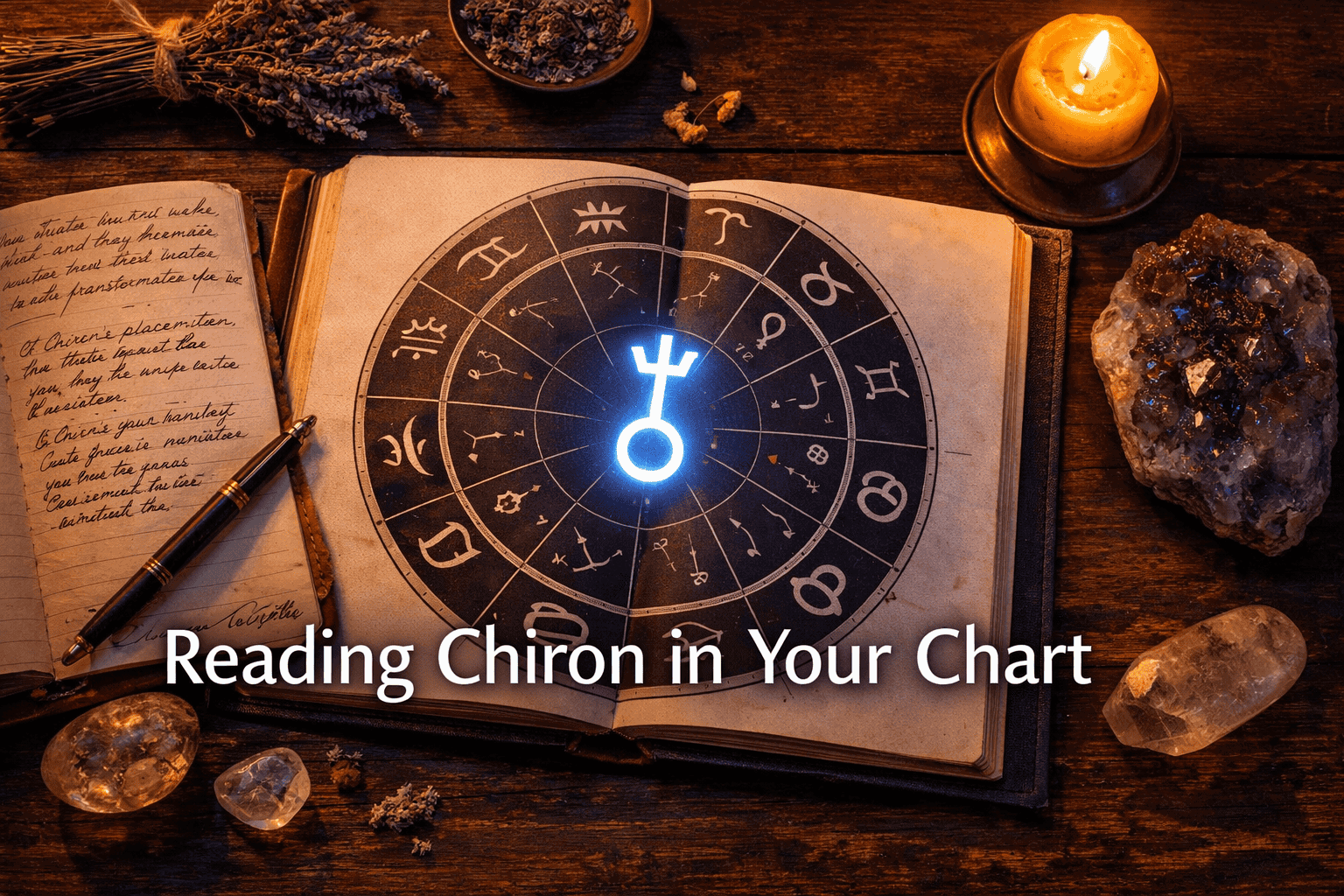 () top-down view of an open birth chart wheel on a dark wooden desk, with a glowing Chiron glyph highlighted in the chart.