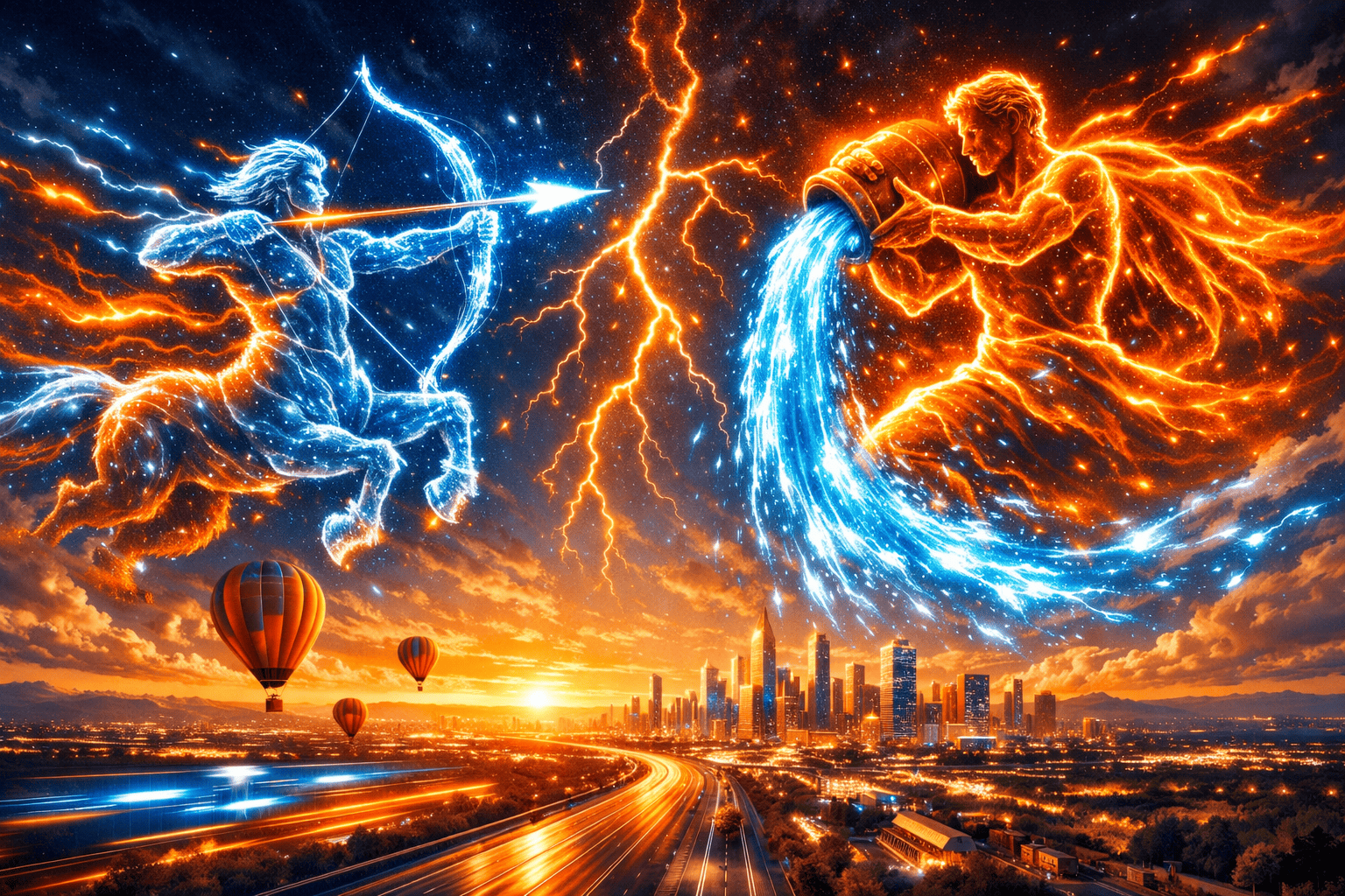 () vibrant aerial wide-angle scene showing Sagittarius archer and Aquarius water-bearer zodiac symbols bursting with