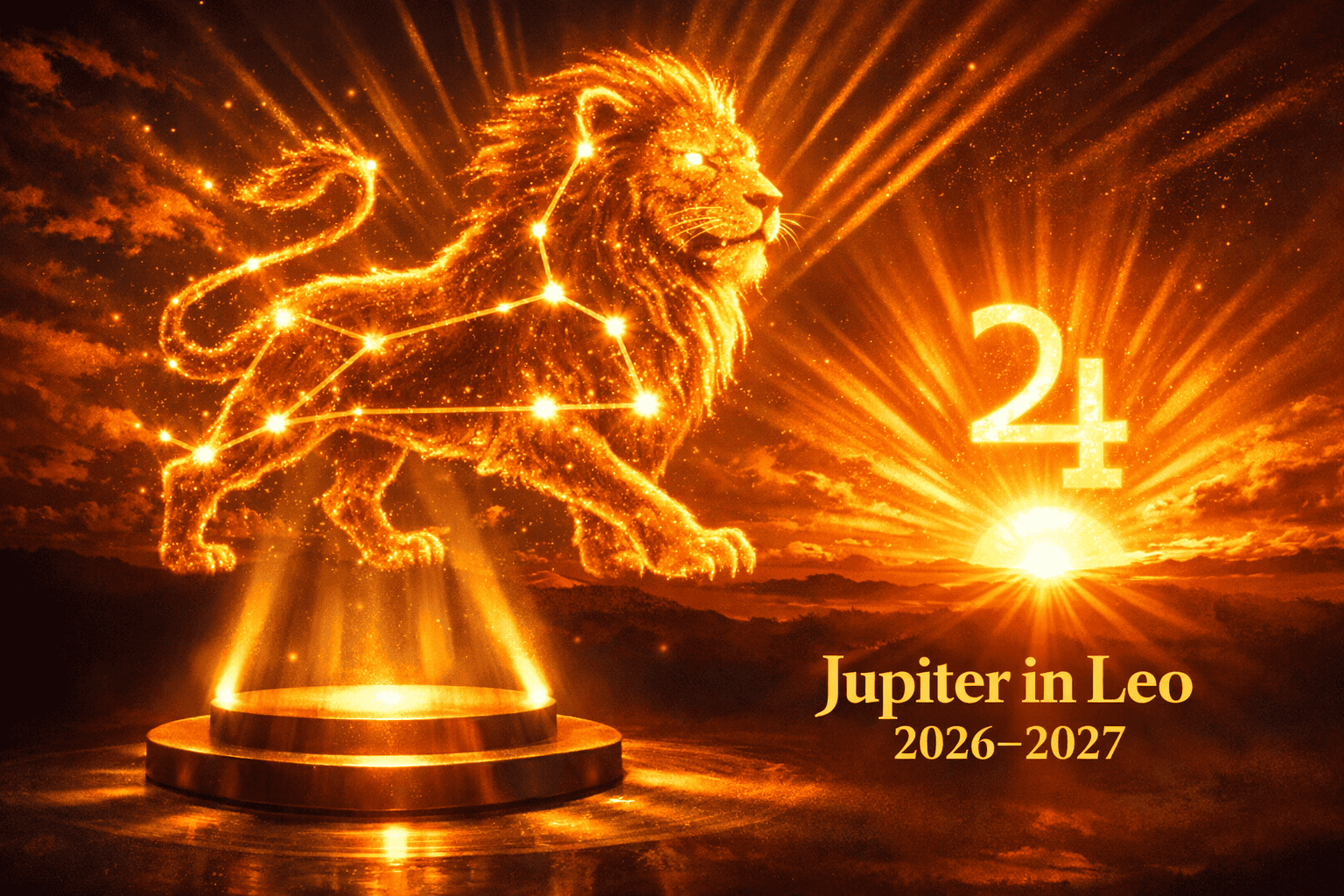 () vibrant editorial scene showing the Leo lion constellation rendered in fiery gold and amber light against a sunset sky,