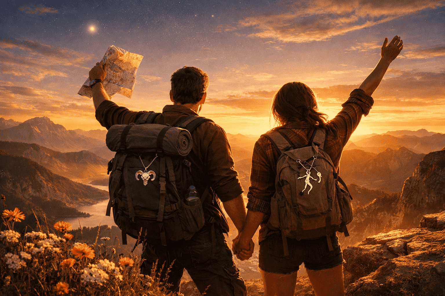 () vibrant scene of an adventurous couple — one wearing an Aries ram pendant, the other a Sagittarius archer charm —