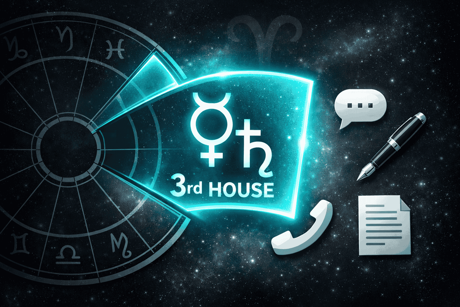 () visual breakdown showing a stylized astrological chart with the third house sector dramatically enlarged and glowing in