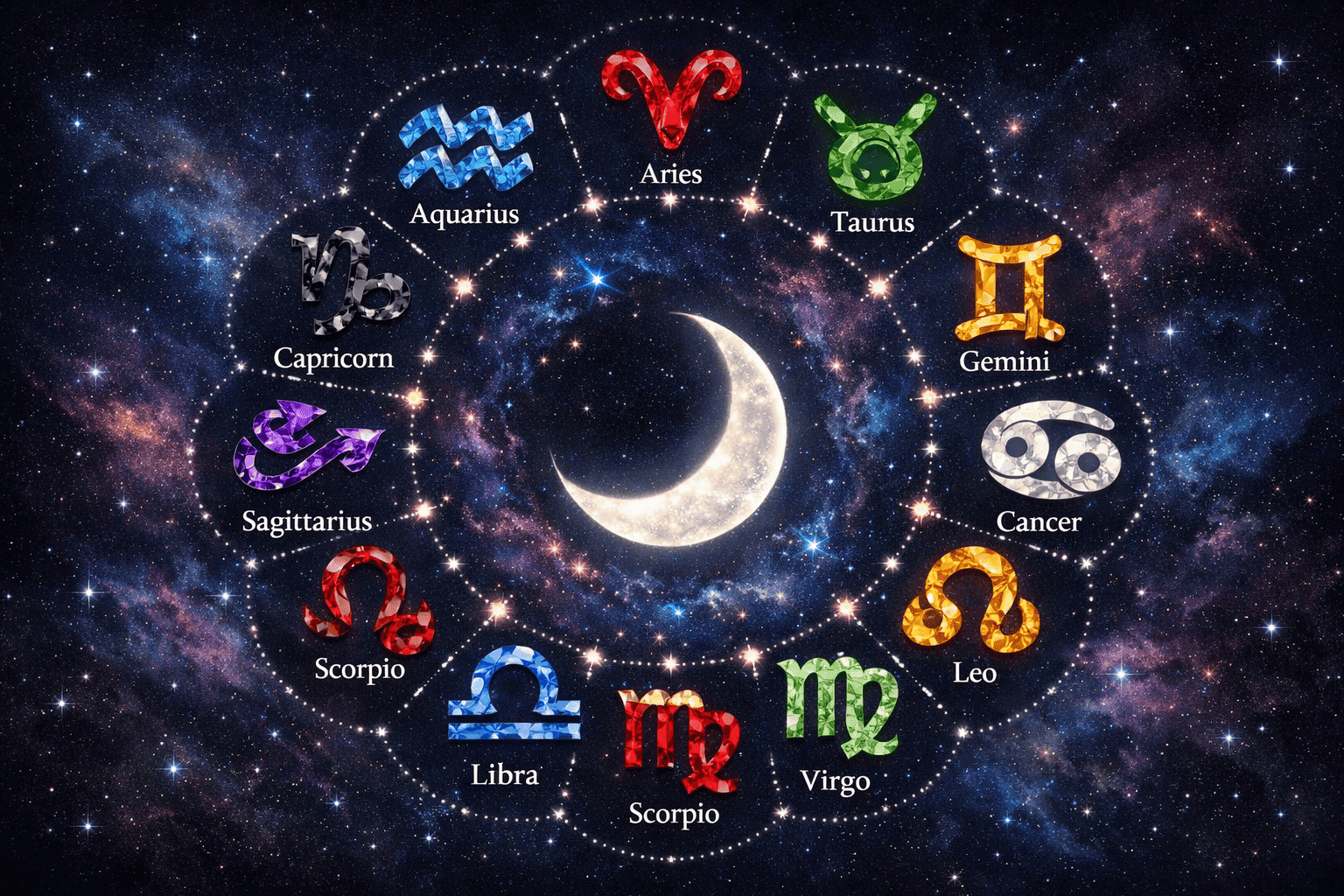 () visual grid of all 12 zodiac Moon sign symbols arranged in a circular mandala pattern, each symbol rendered in a unique