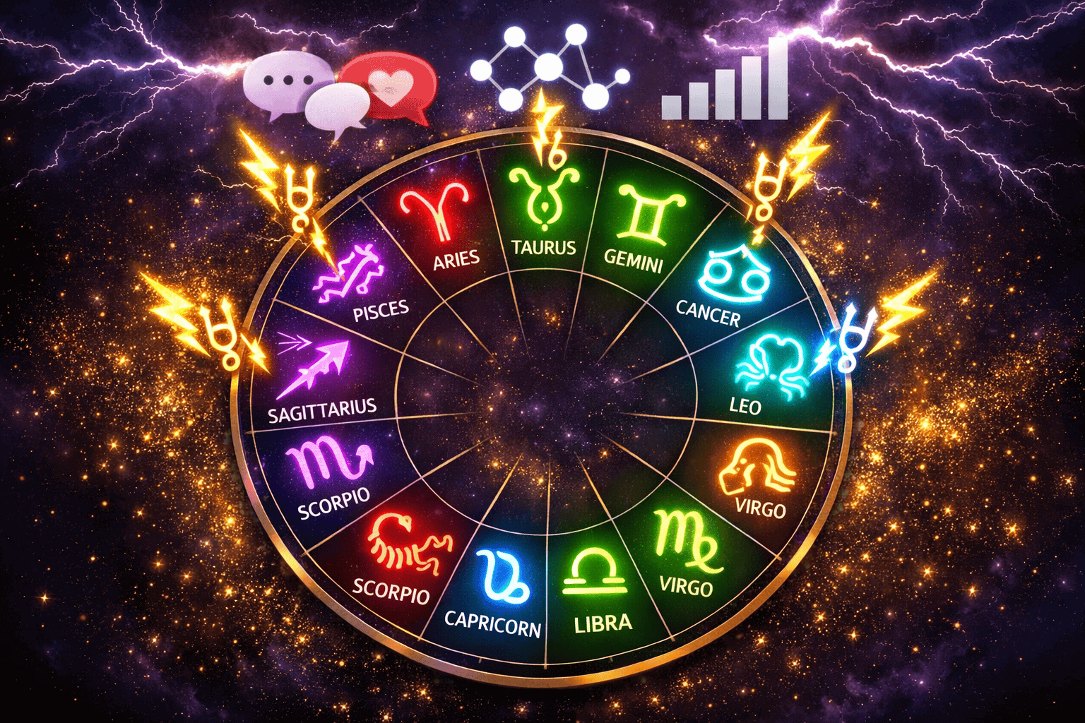 () visual showing a circular zodiac wheel divided into 12 segments, each segment containing a distinct zodiac glyph glowing
