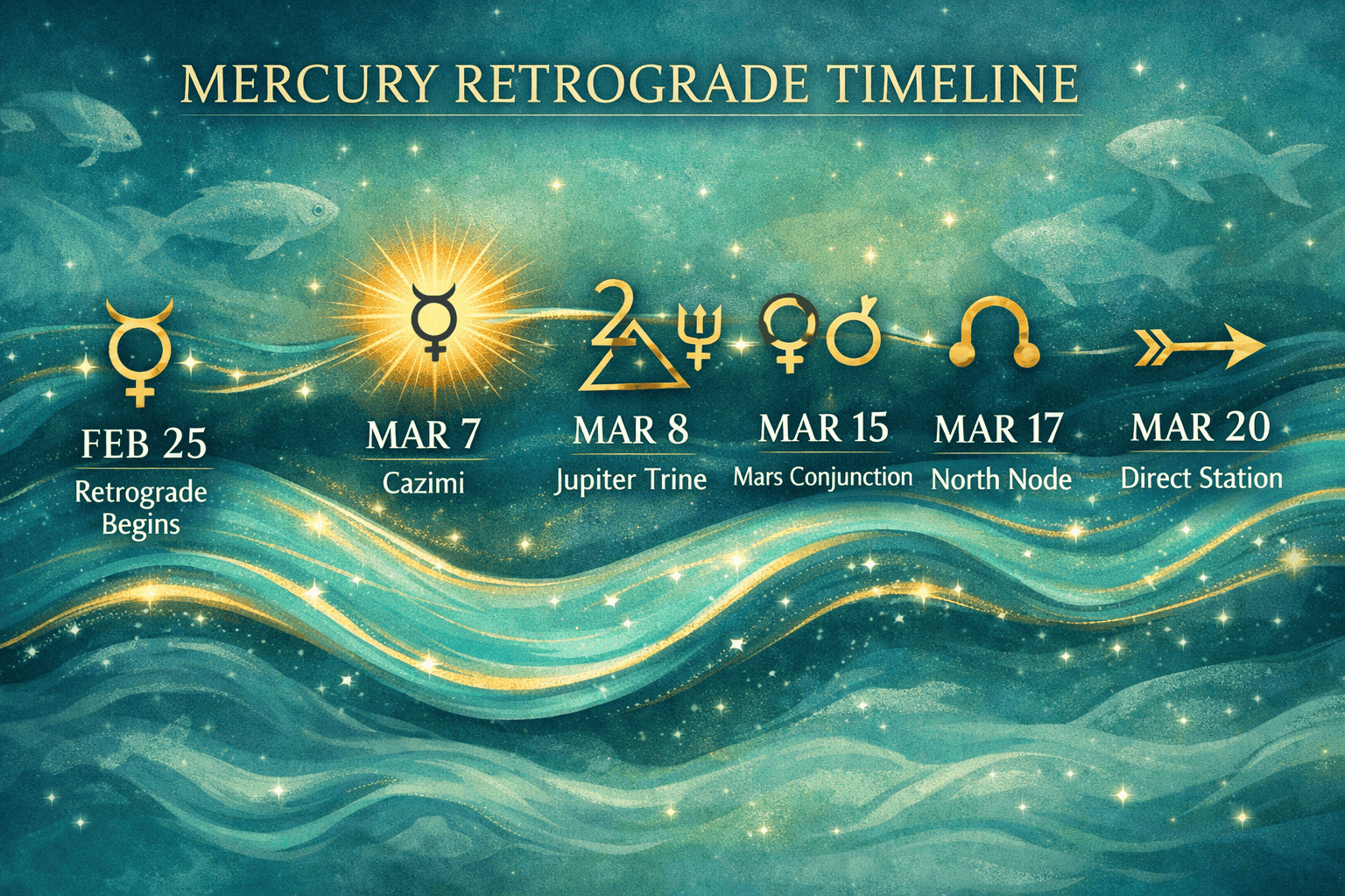 () visual showing a timeline infographic of key Mercury retrograde dates: Feb 25, Mar 7 Cazimi sun burst, Mar 8 Jupiter