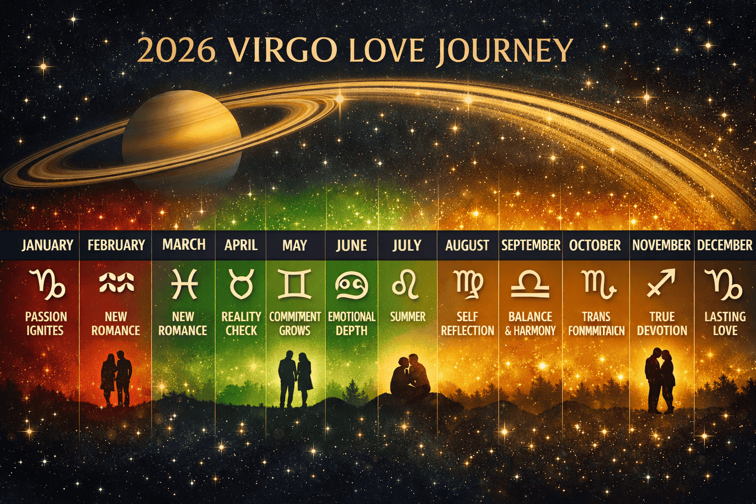 () visual timeline infographic showing the 2026 Virgo love journey across twelve months, each month represented by a