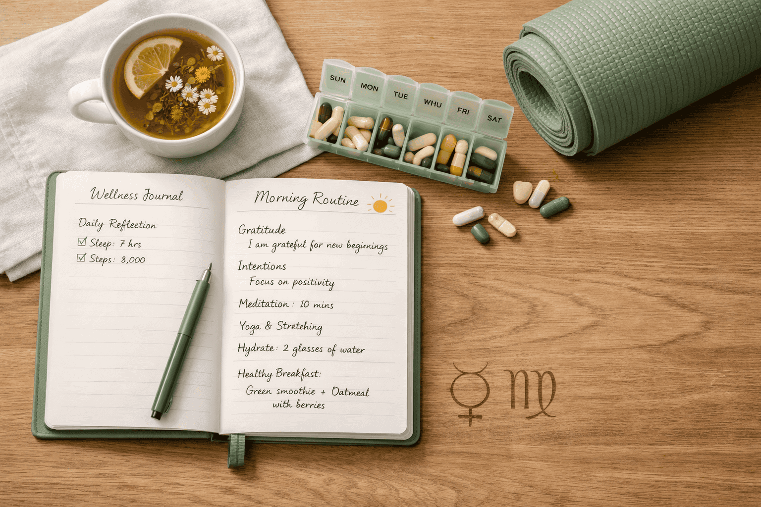 () wellness and health-routine themed editorial image showing a Virgo's morning ritual — a neatly arranged health journal