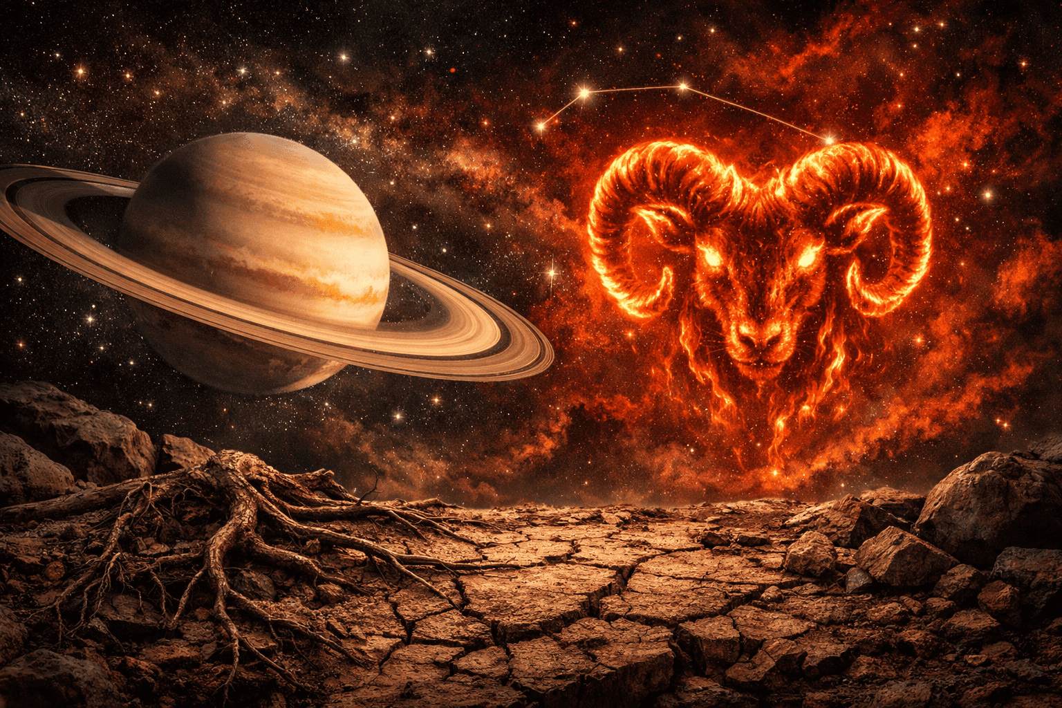 () wide-angle cosmic scene depicting Saturn with its iconic rings entering the Aries constellation zone, fiery red and