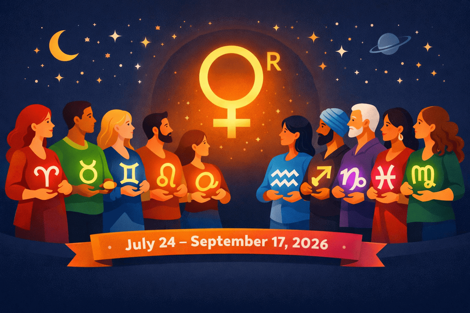 () wide-angle illustration of twelve diverse people standing in a semicircle, each holding a glowing symbol representing