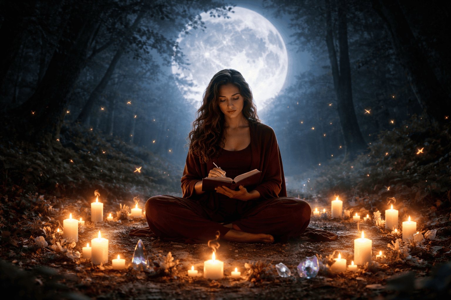 () wide-angle mystical scene of a person sitting cross-legged in meditation outdoors under a massive full moon in a dark