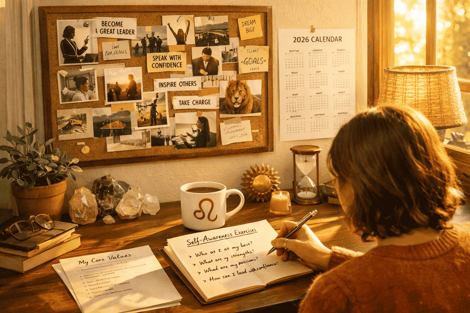 () wide-angle scene of a Leo person journaling at a sunlit desk with self-awareness exercises written on paper, vision board