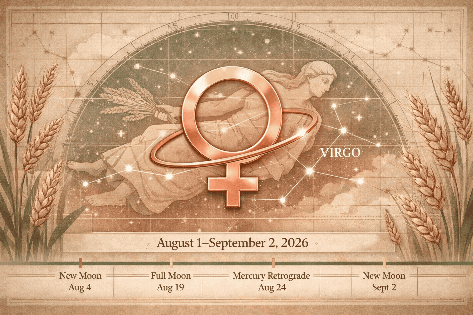 () wide-angle scene of a Venus glyph in rose gold orbiting a detailed Virgo constellation map, with wheat stalks and