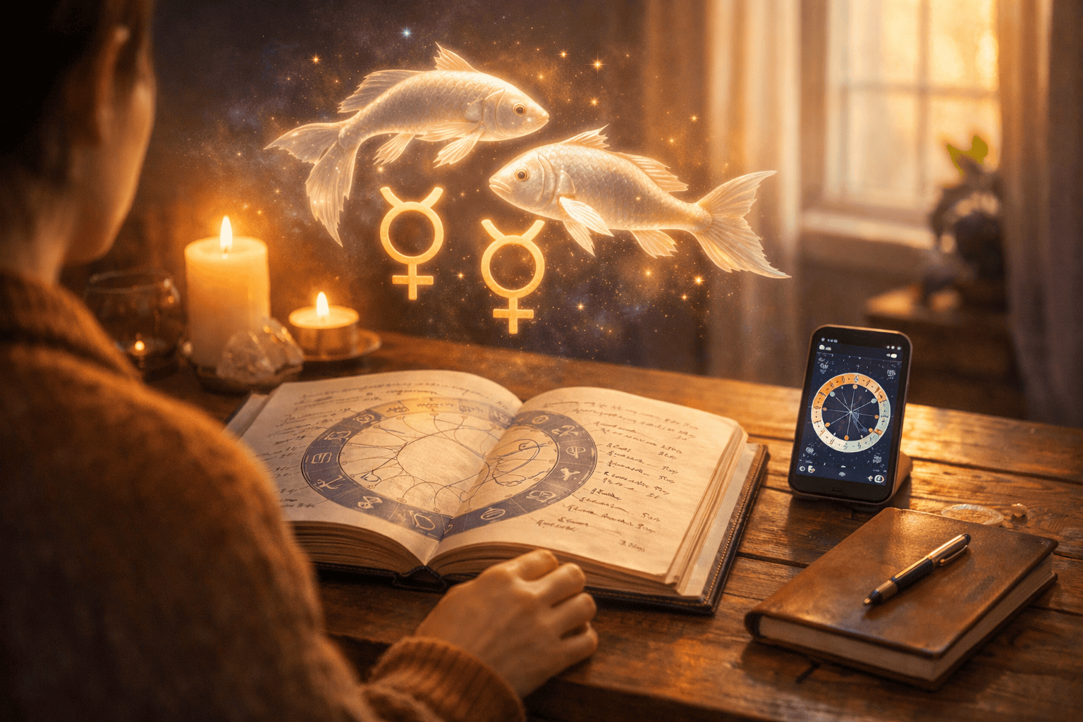 () wide-angle scene of a person meditating at a wooden desk with an open natal chart spread, candles, and a journal, soft