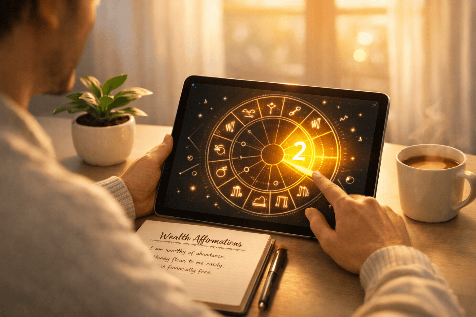 () wide-angle scene of a person sitting at a modern minimalist desk reviewing a glowing digital natal chart on a tablet