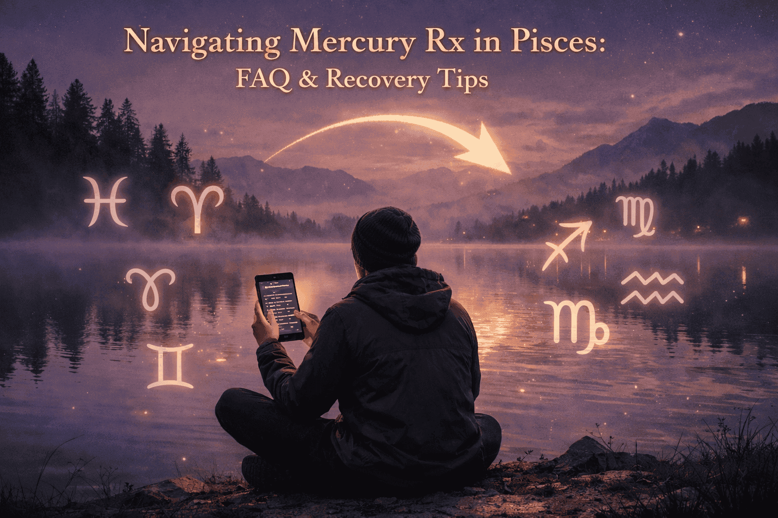 () wide-angle scene of a person sitting cross-legged at the edge of a misty lake at dusk, holding a glowing phone showing an