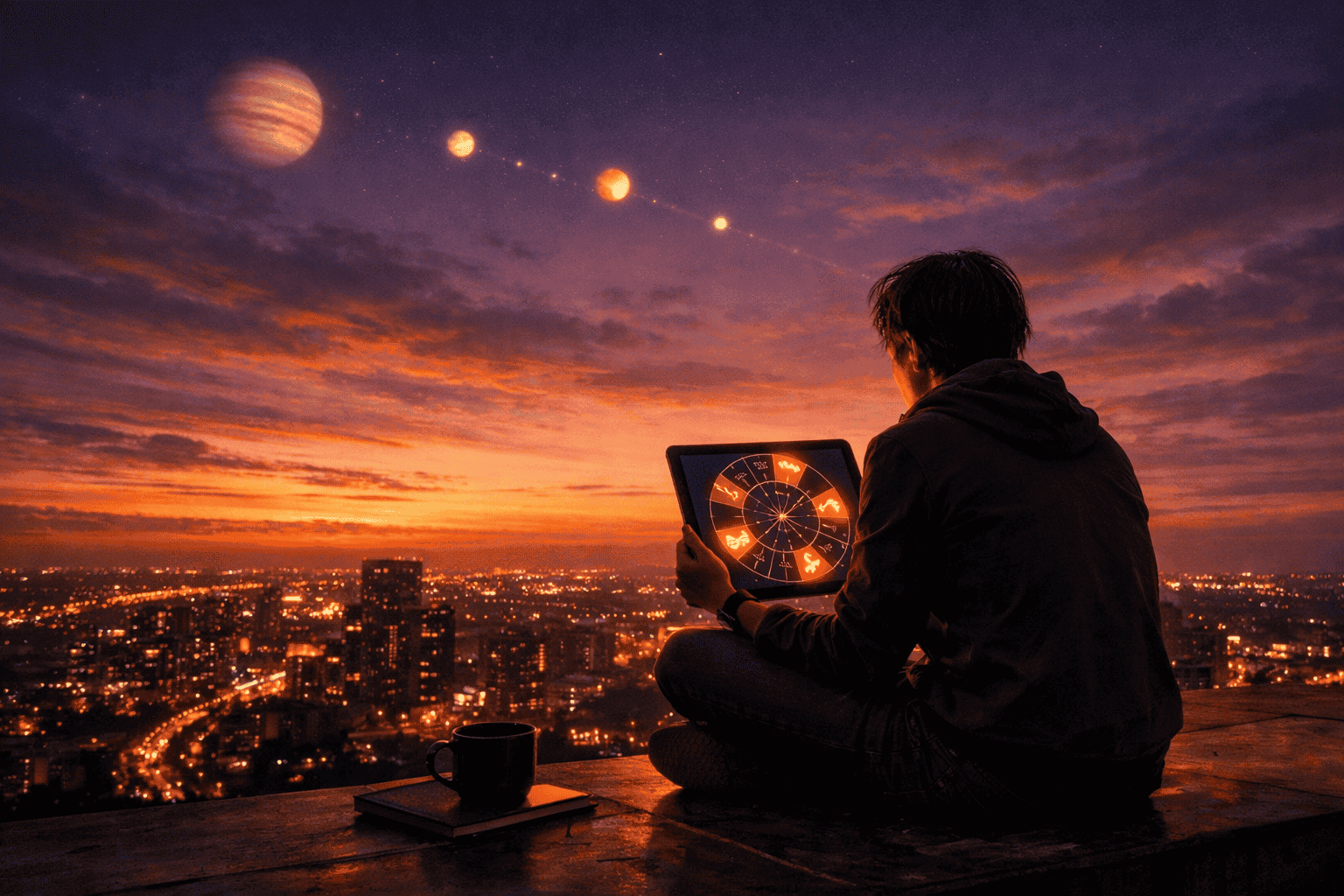 () wide-angle scene of a person sitting cross-legged on a rooftop at twilight, holding a glowing tablet displaying a birth