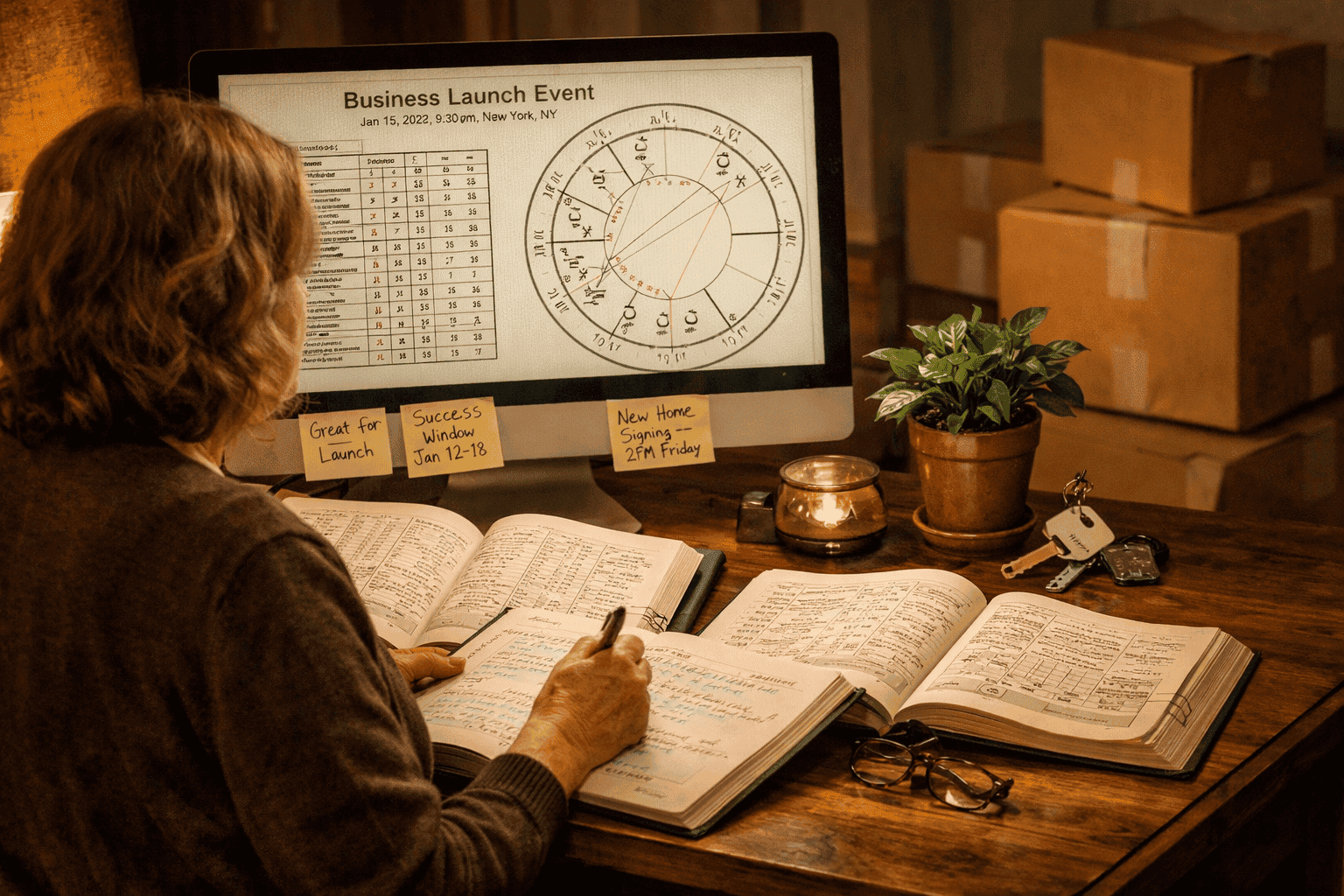 () wide-angle scene of a professional astrologer at a wooden desk surrounded by open ephemeris books, a glowing computer
