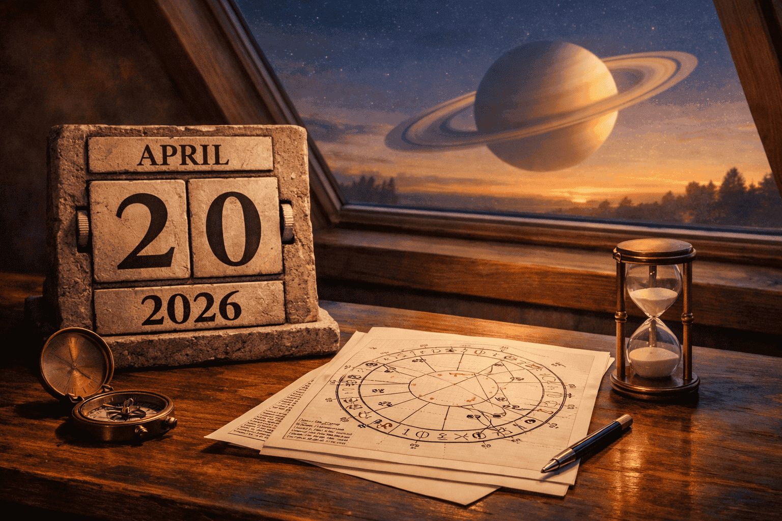 () wide-angle scene showing a stone calendar marked April 20 2026 on a wooden desk, with an open natal chart printout beside