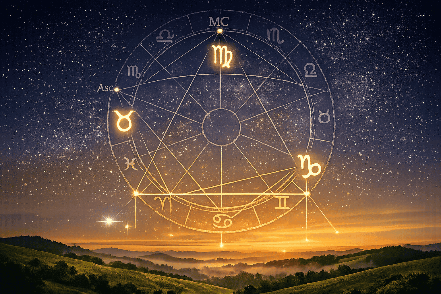 () wide-angle view of a serene morning landscape at dawn with rolling green hills representing Taurus earth energy, two