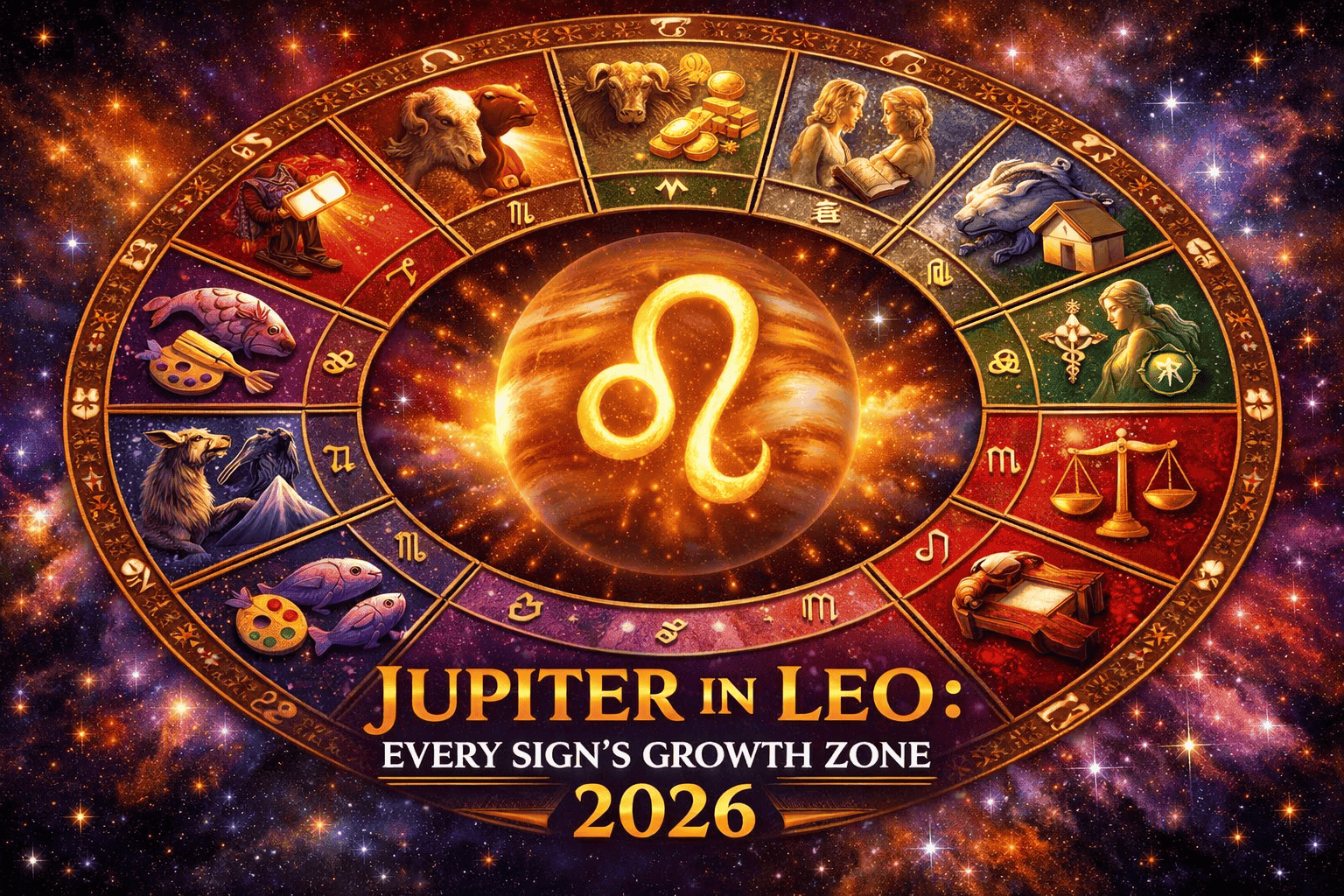 () wide-angle zodiac wheel illustration with all 12 signs arranged around a central glowing Leo symbol, each sign section